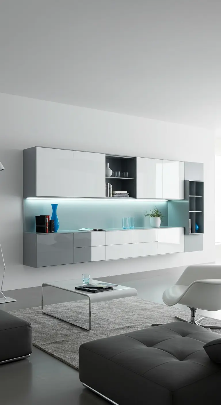 Moderne woonkamer met een zwevend modulair wandsysteem in wit en grijs met blauwe accenten.