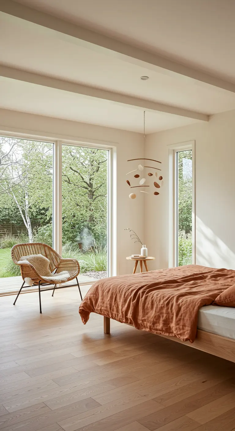 Lichte slaapkamer met grote ramen, rotan stoel en terracotta beddengoed.