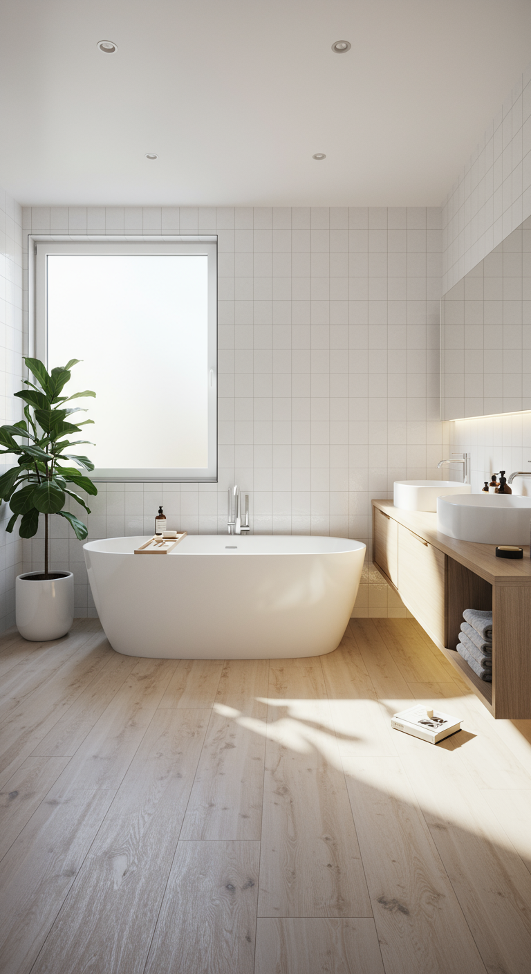 Lichte badkamer met vrijstaand bad, grote plant en houten vloer.