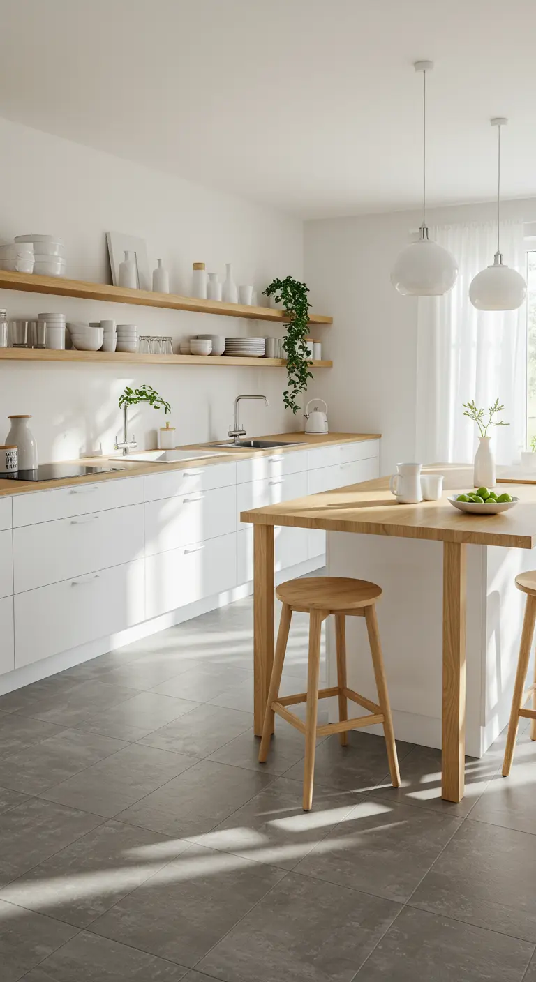 Lichte Scandinavische keuken met houten planken en eiland.