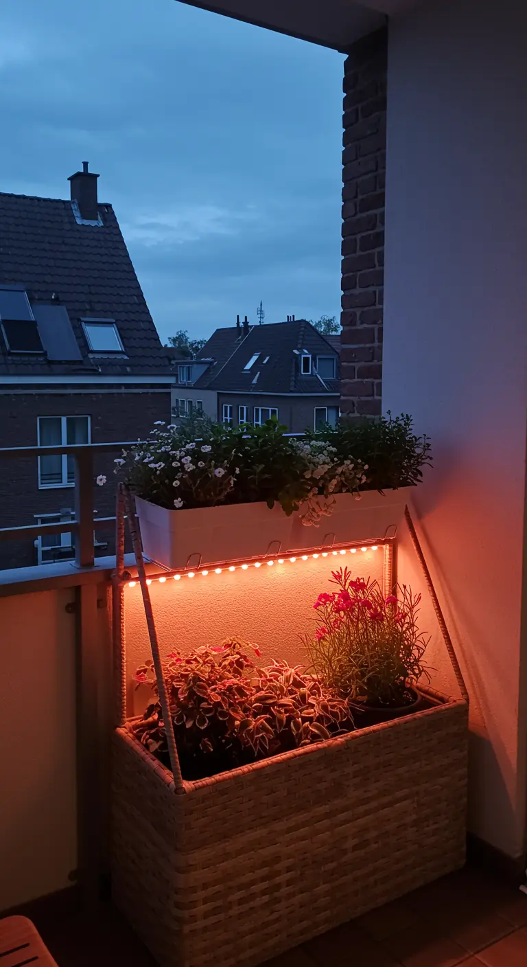 Rieten plantenbak met tweede, verlichte laag eronder op een balkon.