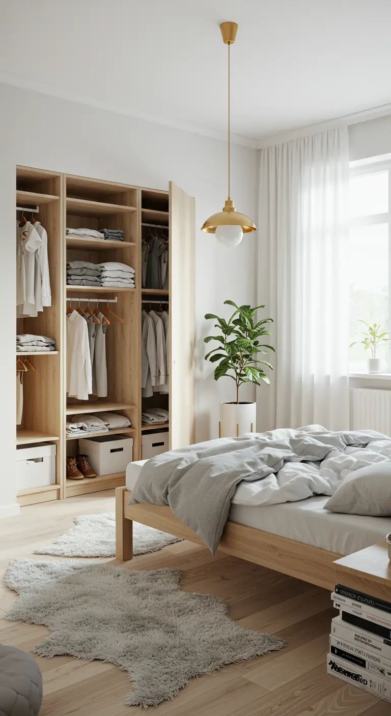 Lichte Scandinavische slaapkamer met open houten kledingkast, witte muren en een grote plant.