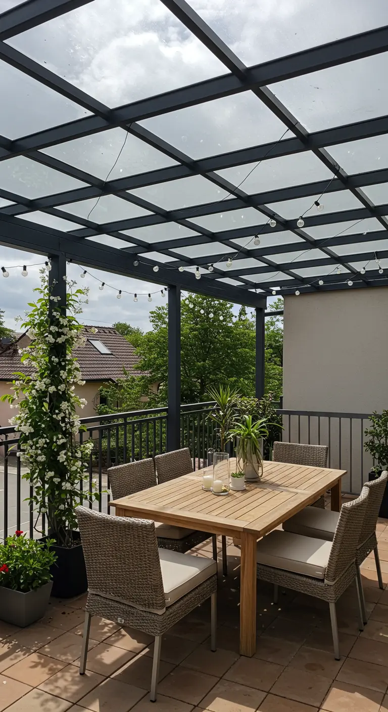 Overdekt balkon met glazen dak, houten eettafelset, klimplant en lichtsnoer.