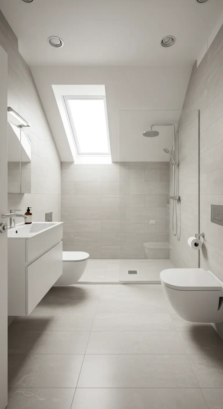 Witte badkamer met dakraam, glazen douchewand en twee toiletten.