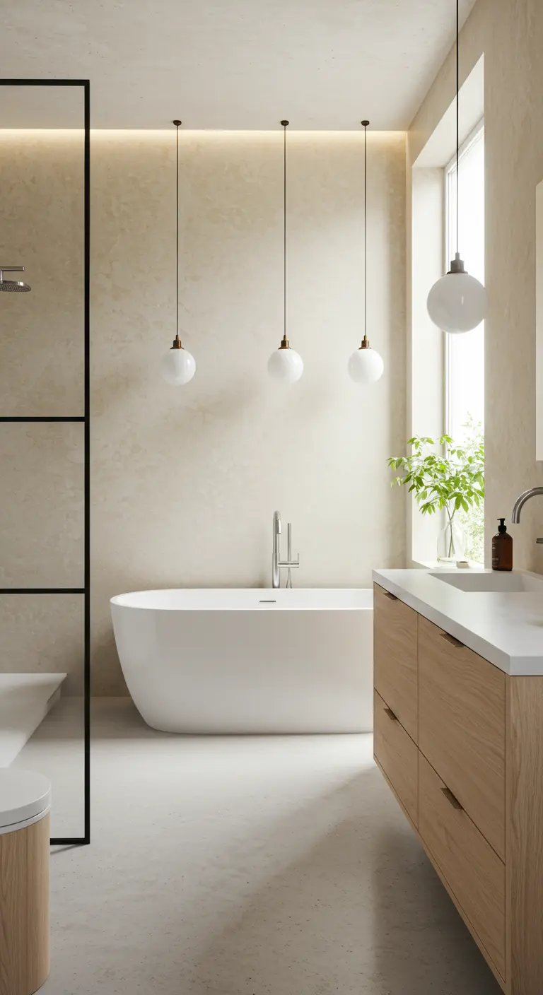 Lichte moderne badkamer met wit bad, houten meubel en bolvormige hanglampen.