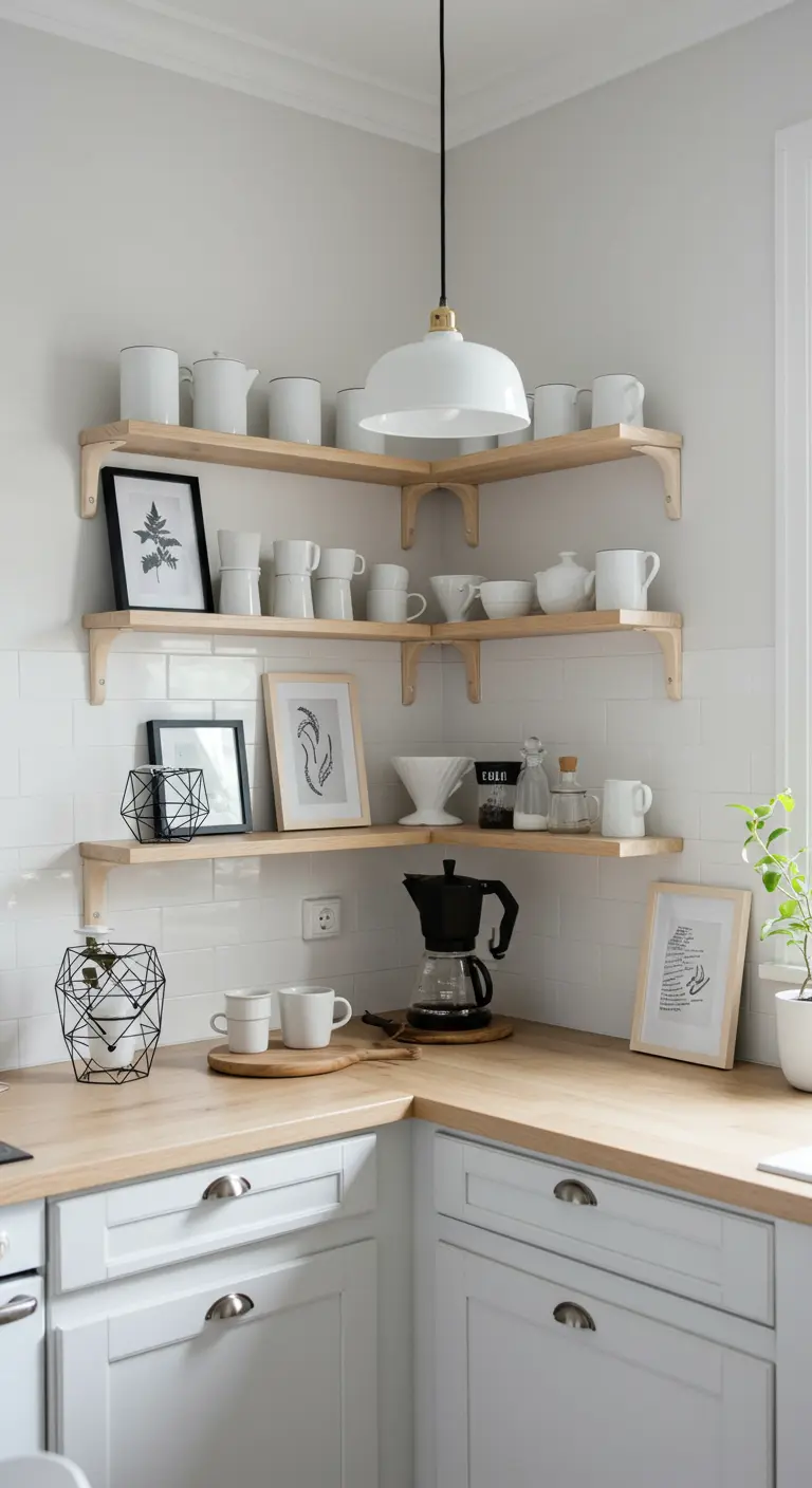 Lichte Scandinavische koffiecorner met hoekplanken, wit servies en houten details.
