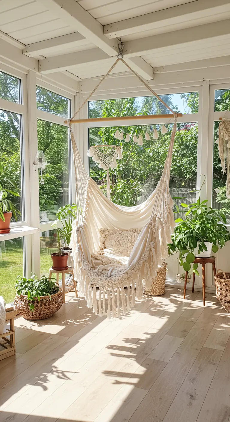 Lichte macramé hangmatstoel in een zonnige serre met veel planten.