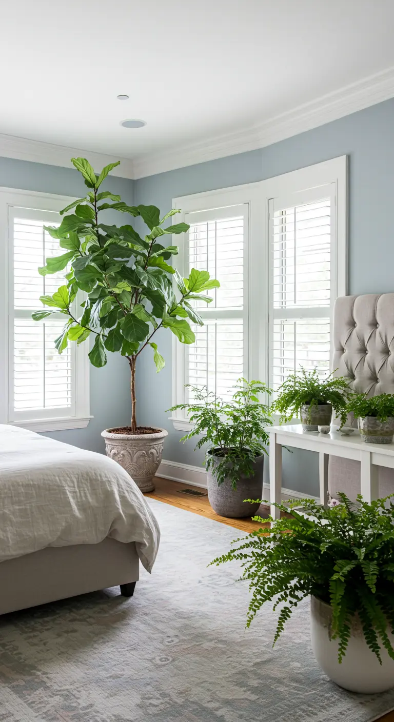 Lichte, klassieke slaapkamer met een grote Ficus Lyrata en diverse varens bij de ramen.