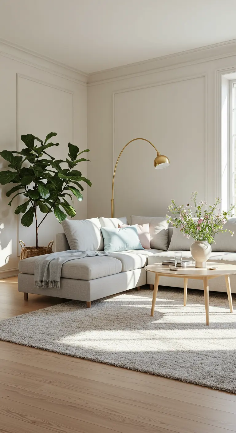 Lichte hoekbank in woonkamer met grote plant, booglamp en zacht tapijt.