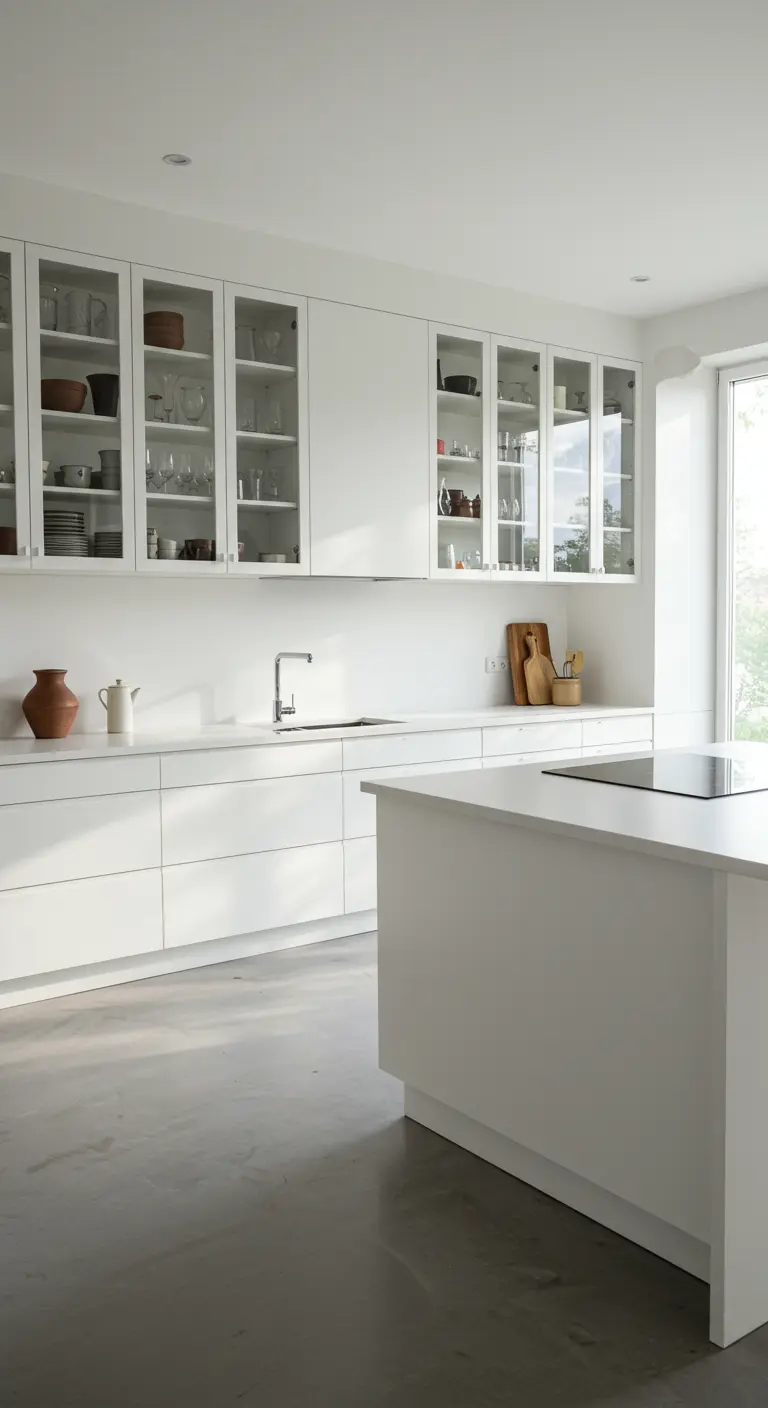 Moderne witte keuken met glazen bovenkasten en kookeiland, badend in daglicht.