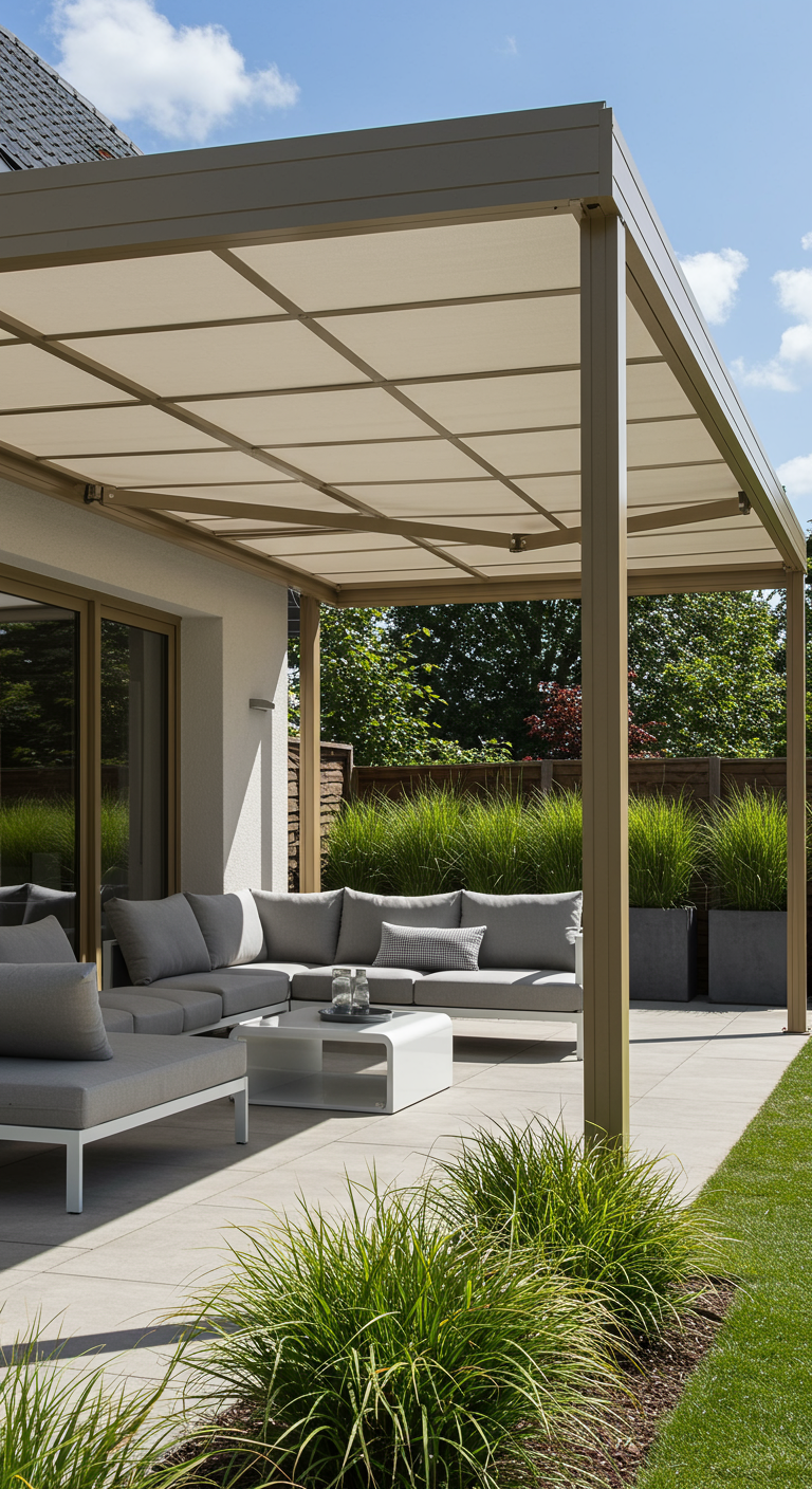 Beige metalen pergola met wit zonnedoek en moderne grijze loungeset op een terras.