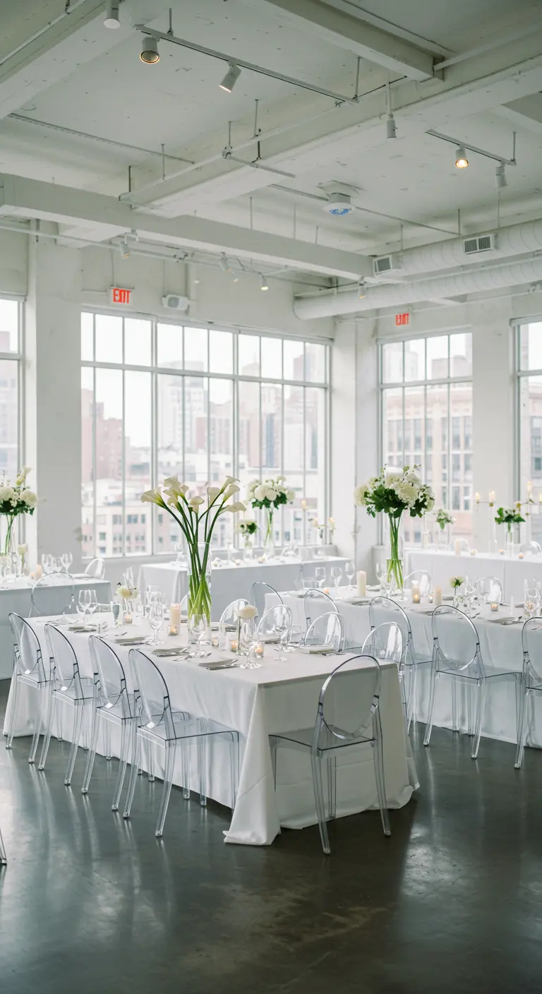 Moderne, lichte bruiloftsreceptie met witte tafels, transparante stoelen en calla lelies.