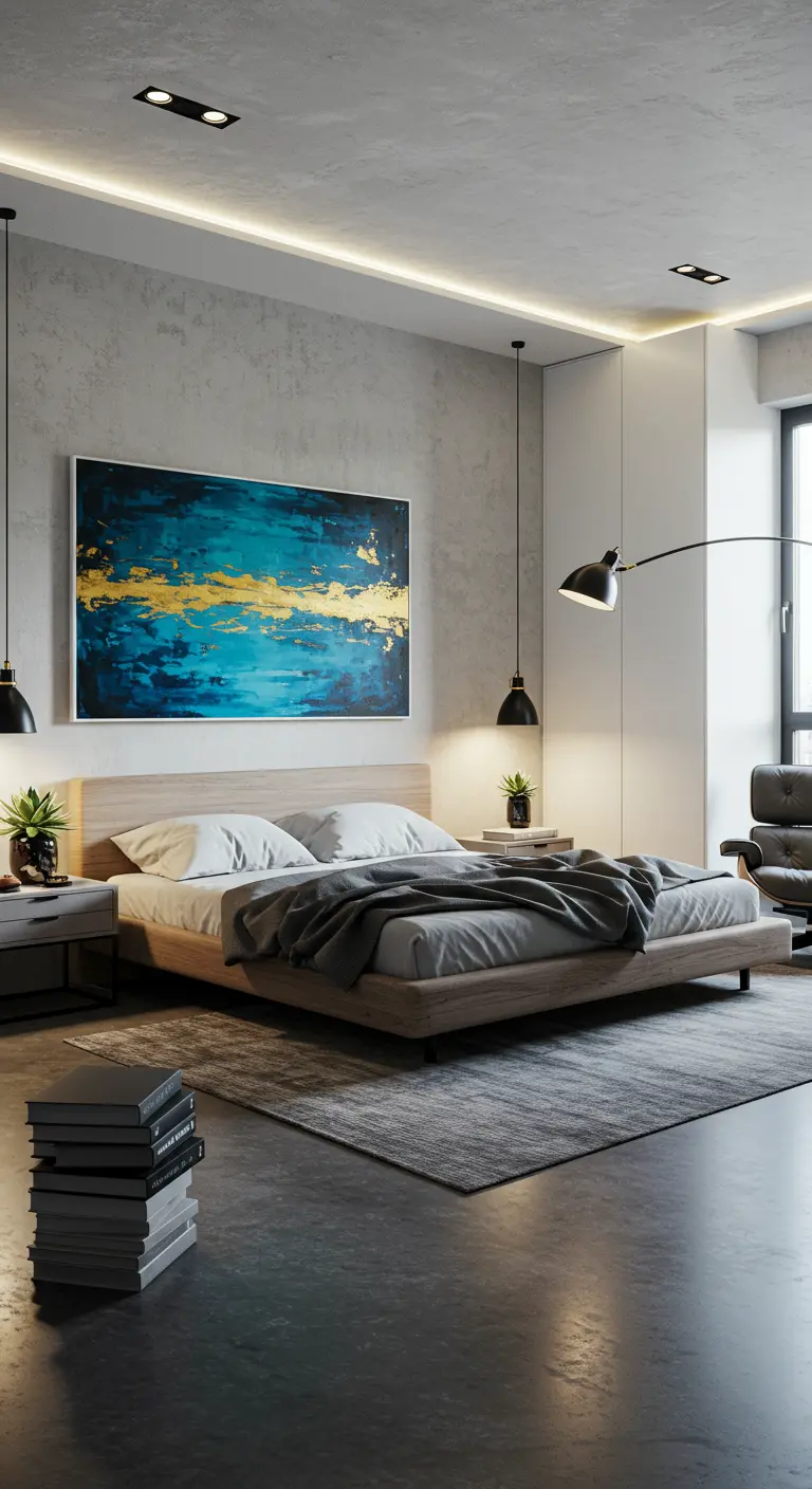 Moderne slaapkamer met accentverlichting en groot kunstwerk.