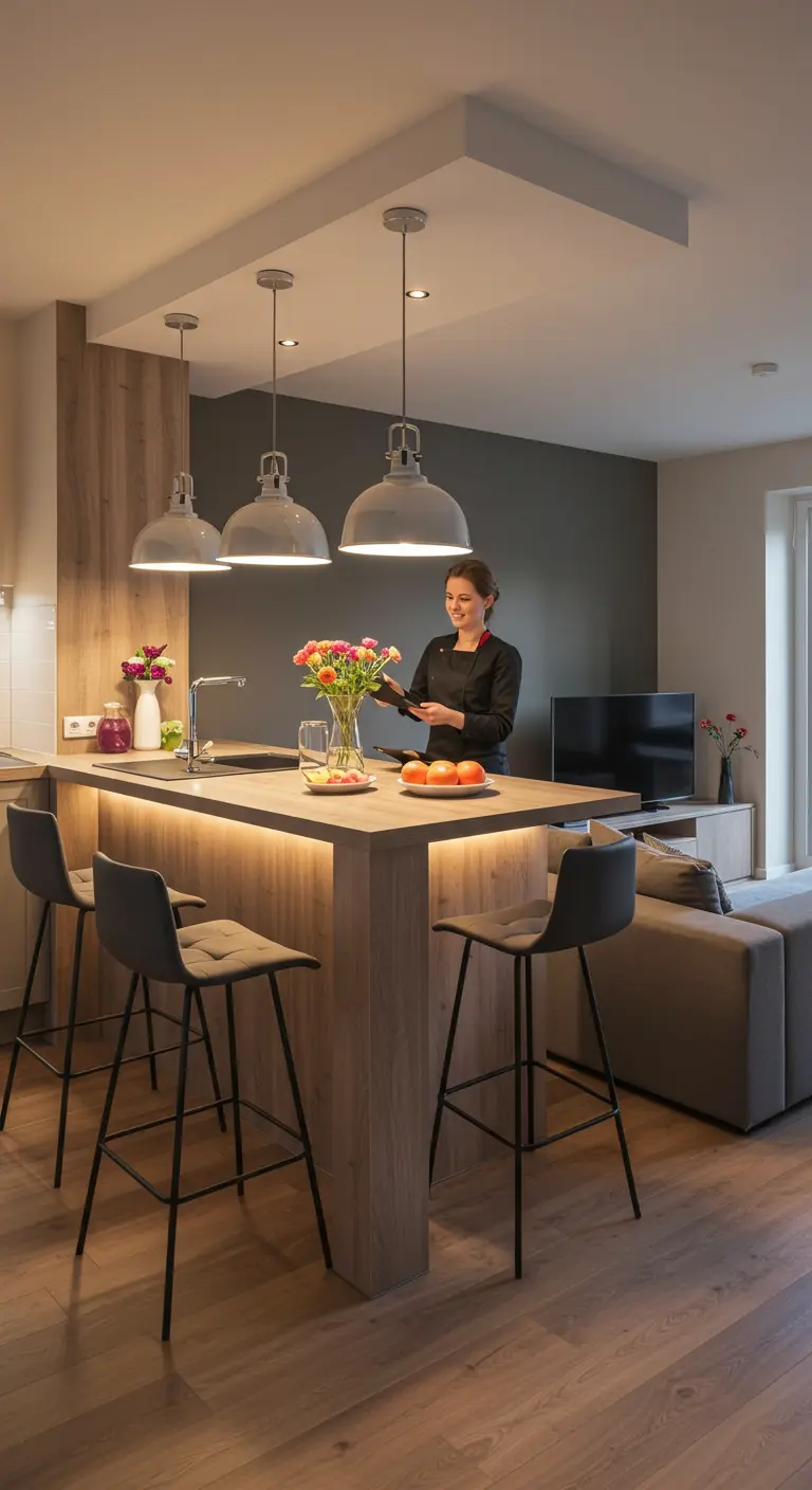 Vrouw bij een modern keukeneiland met barkrukken en sfeervolle hanglampen erboven.