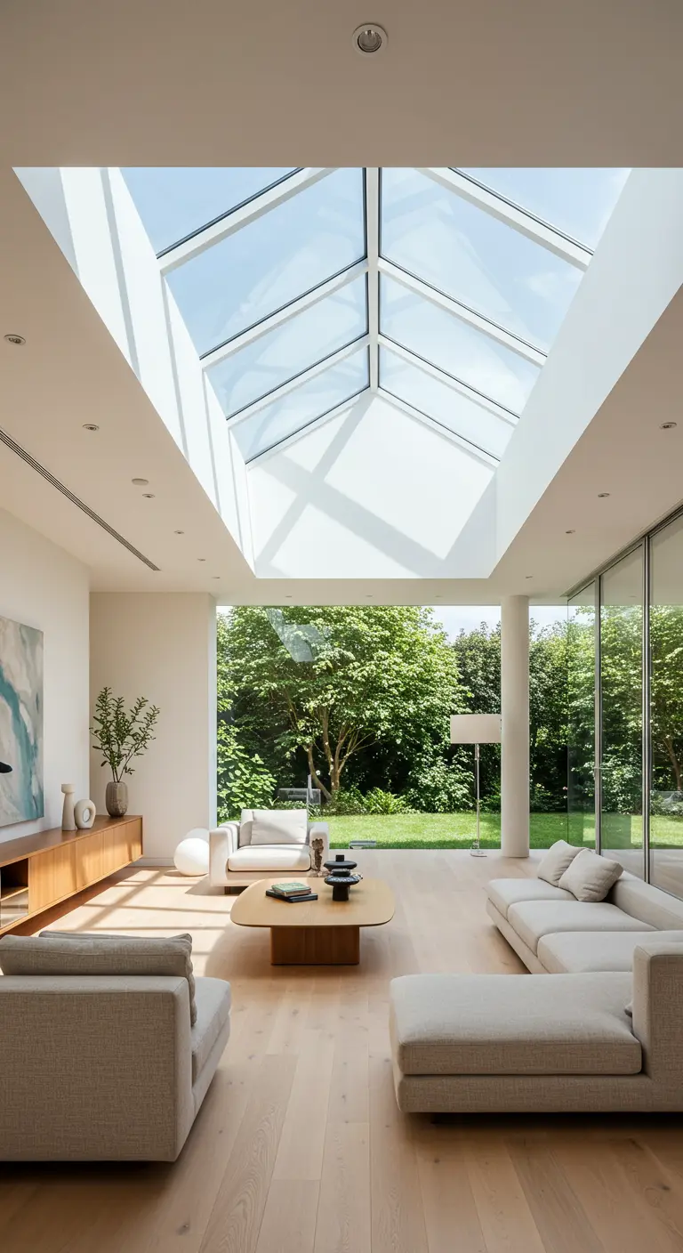 Lichte woonkamer met een groot glazen daklicht dat veel natuurlijk licht binnenlaat.