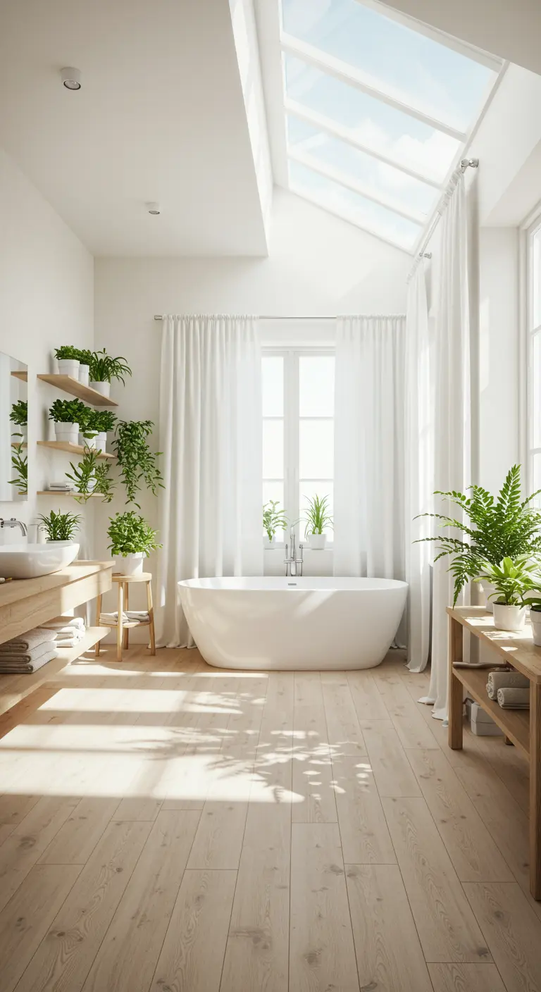 Lichte badkamer met dakraam, houten vloer, witte gordijnen en veel planten.