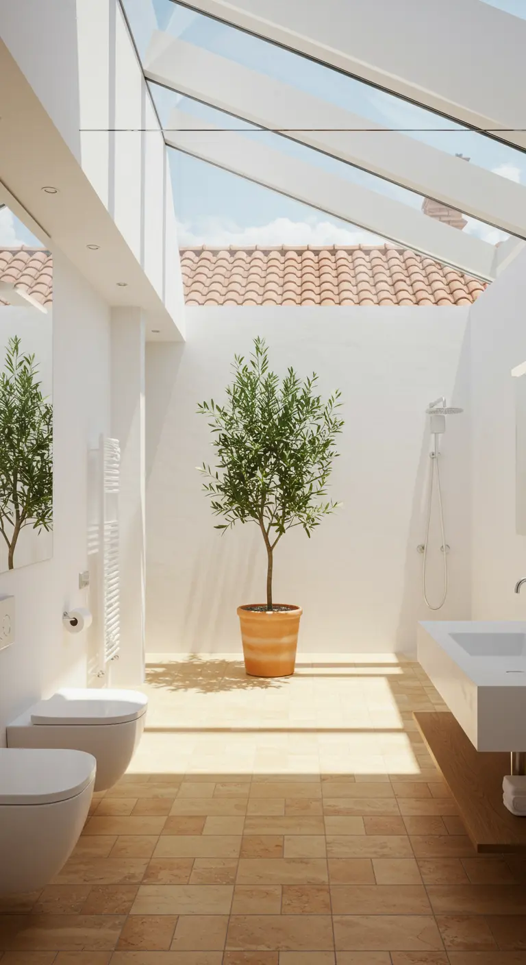 Lichte badkamer met terracotta vloer, dakraam, olijfboom in pot.