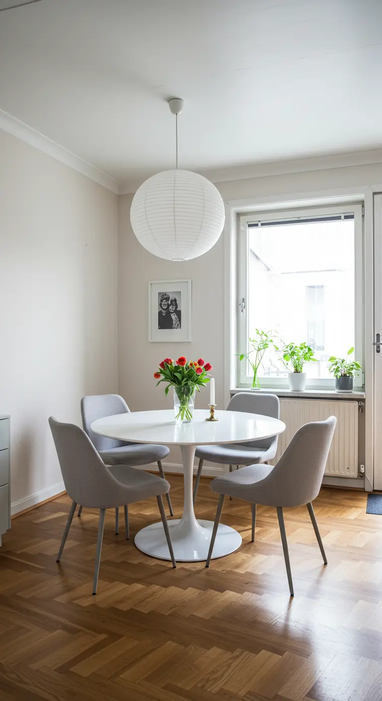 Ronde witte eettafel met grijze stoelen en grote ronde papieren hanglamp.