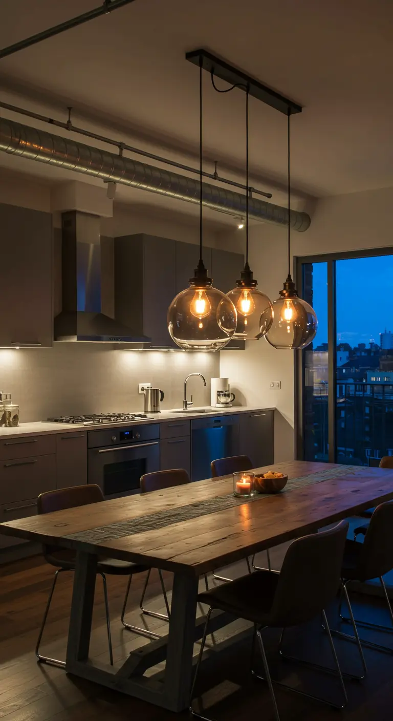 Eethoek met grote houten tafel en drie grote glazen industriële hanglampen erboven.