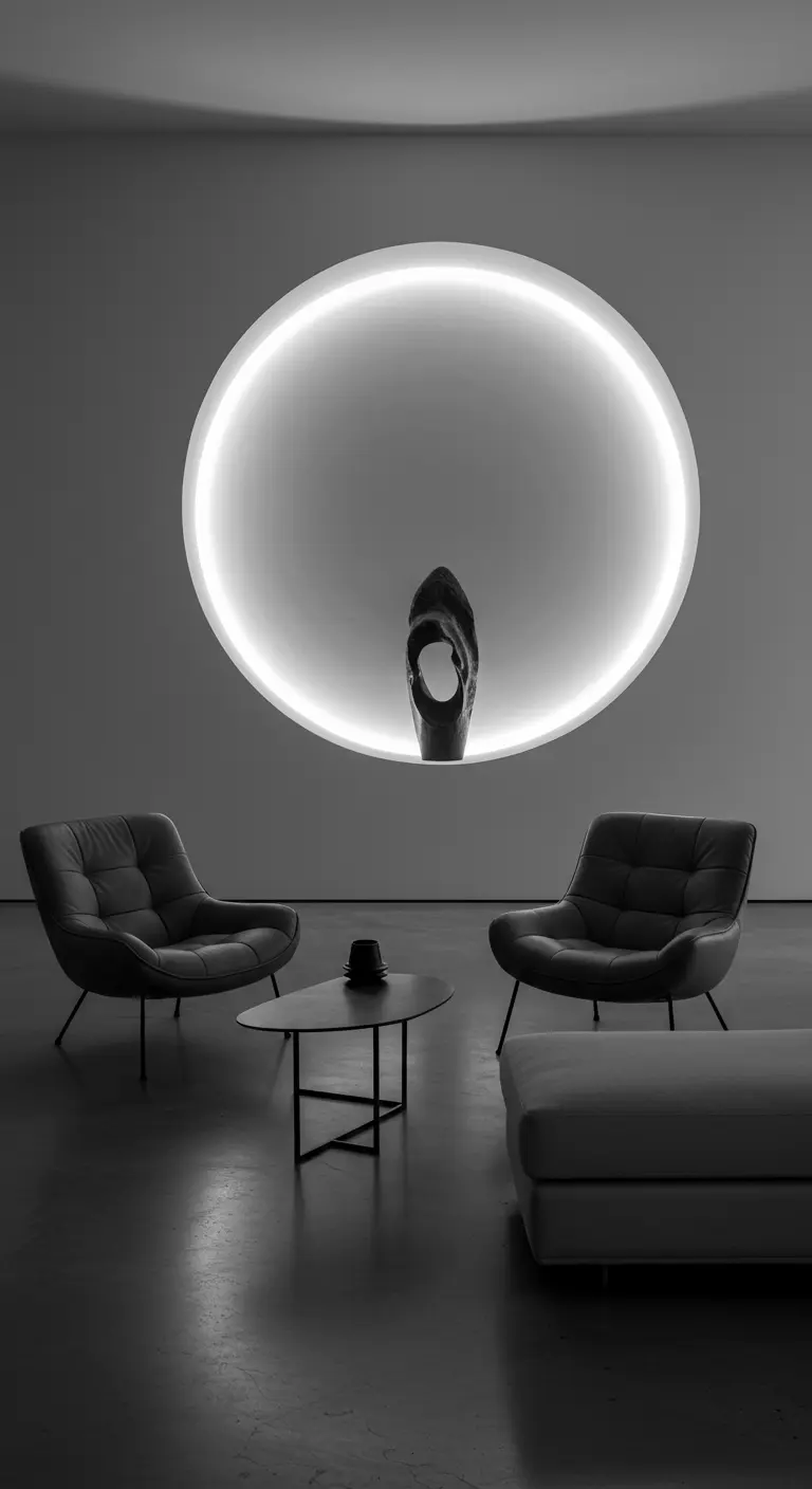Donkere, minimalistische kamer met een grote, verlichte cirkel aan de muur.
