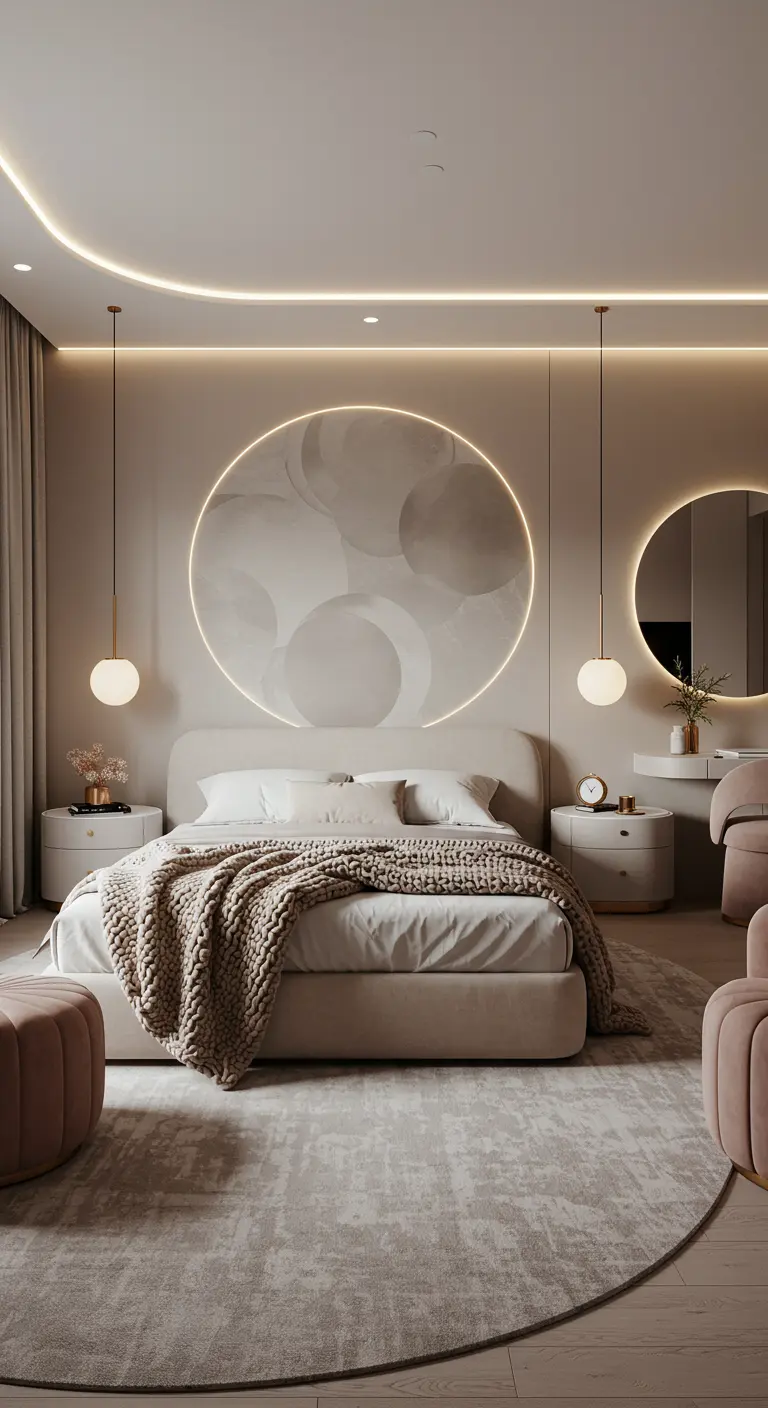 Moderne slaapkamer met een groot verlicht rond kunstwerk boven het bed.