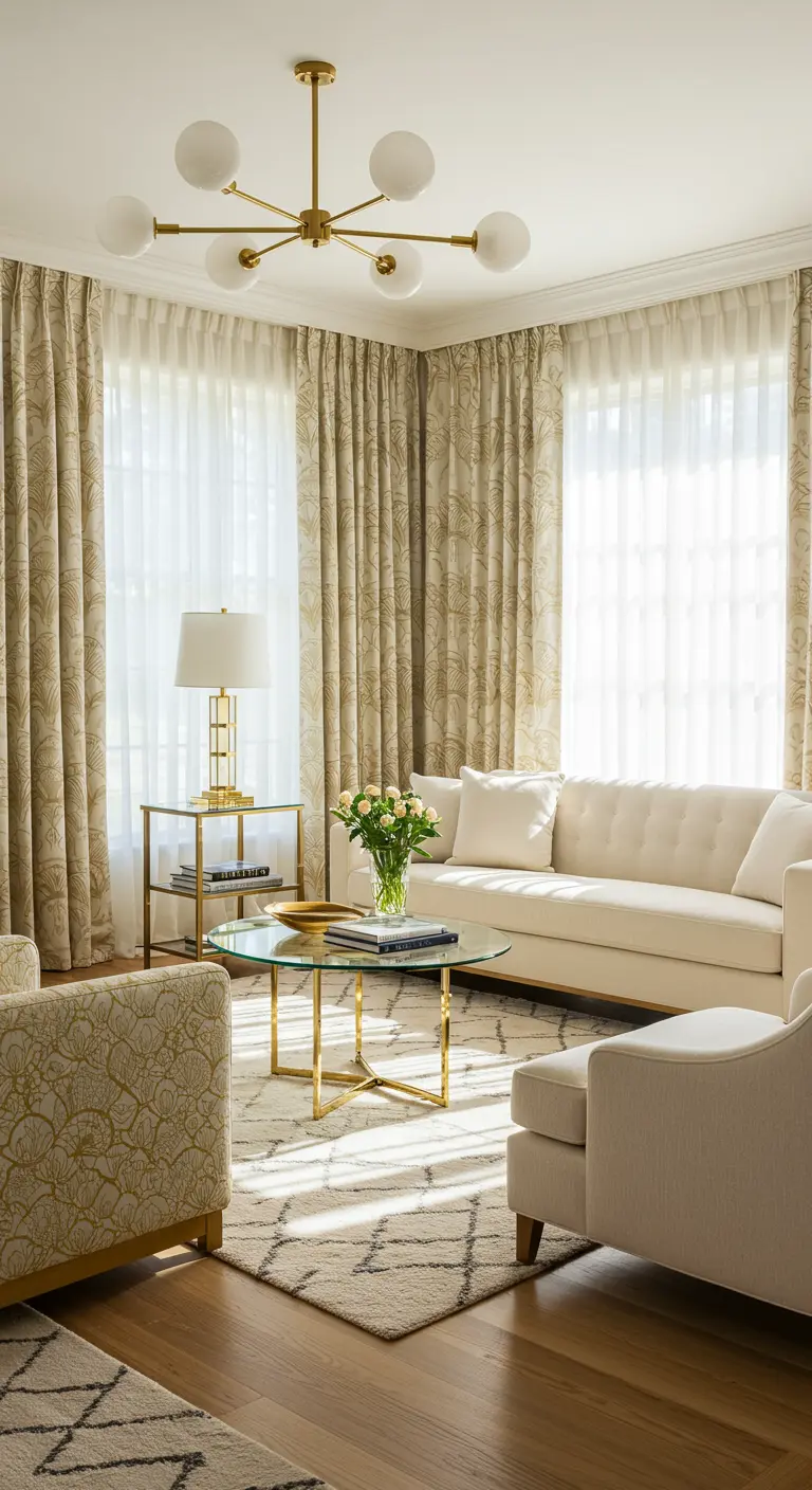 Lichte Art Deco woonkamer met crèmekleurige meubels, patroon gordijnen, messing details.