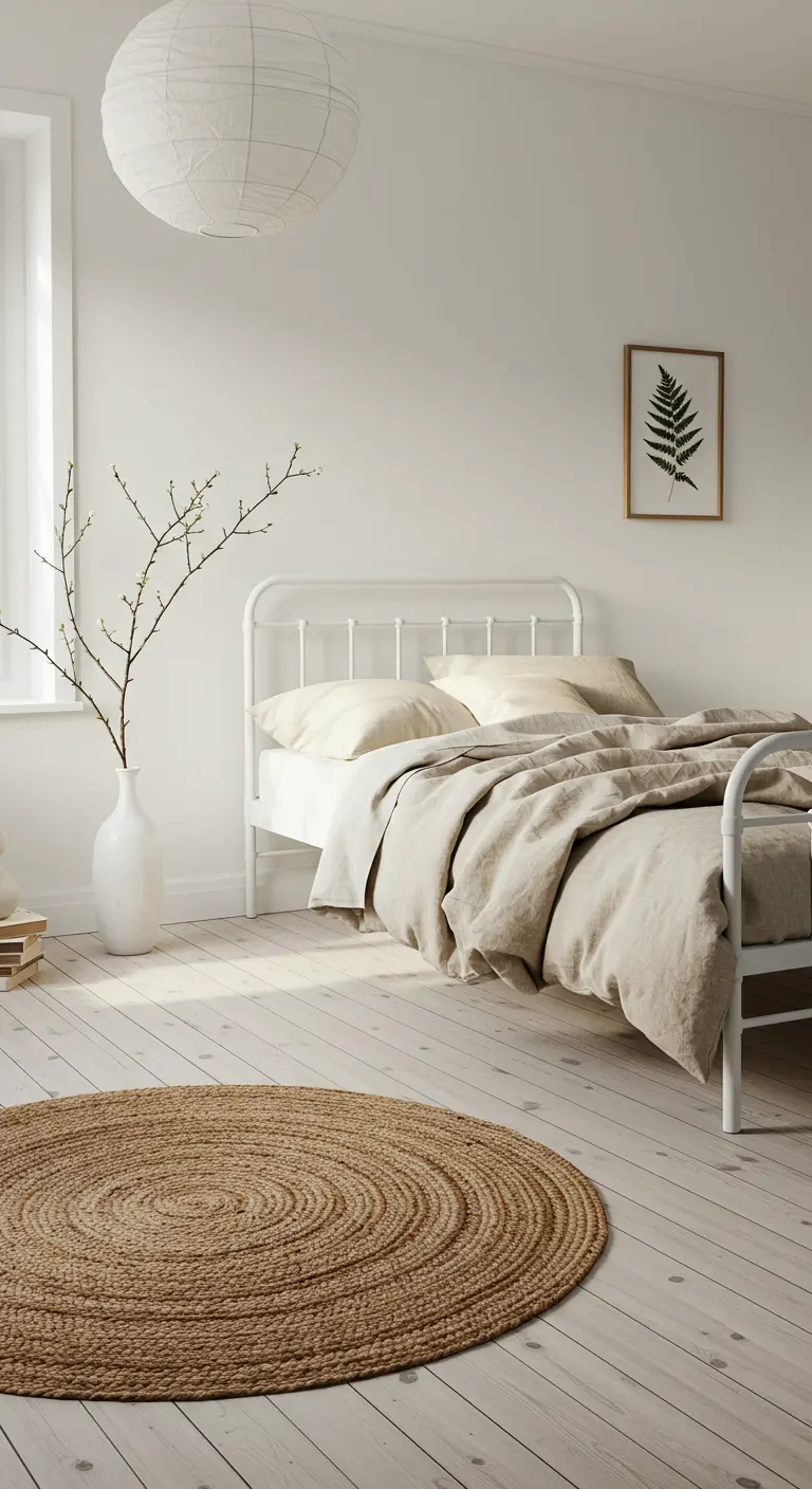 Lichte Japandi slaapkamer met wit metalen bed, rond jute vloerkleed en minimalistische takken.