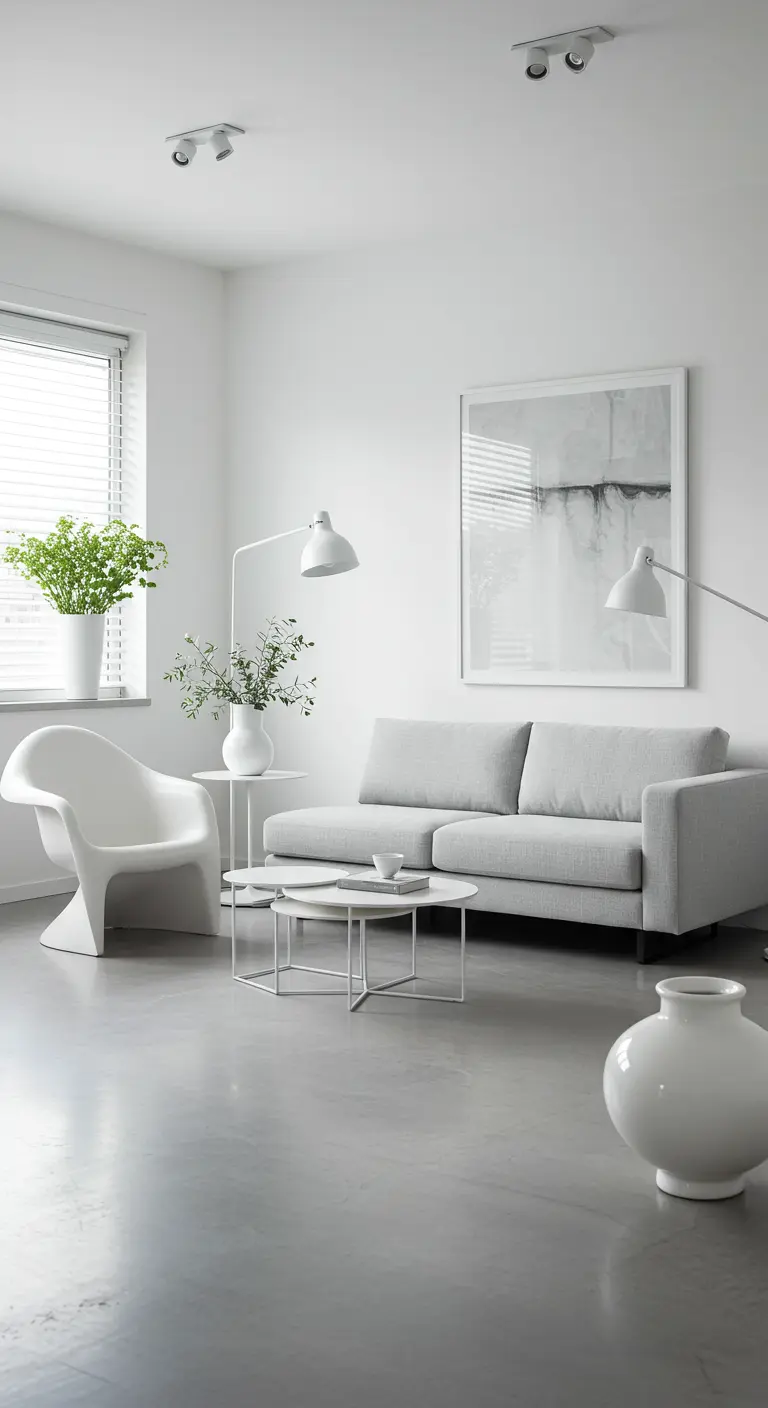 Strakke grijs-witte woonkamer met designmeubels, glanzende vloer en abstracte kunst.