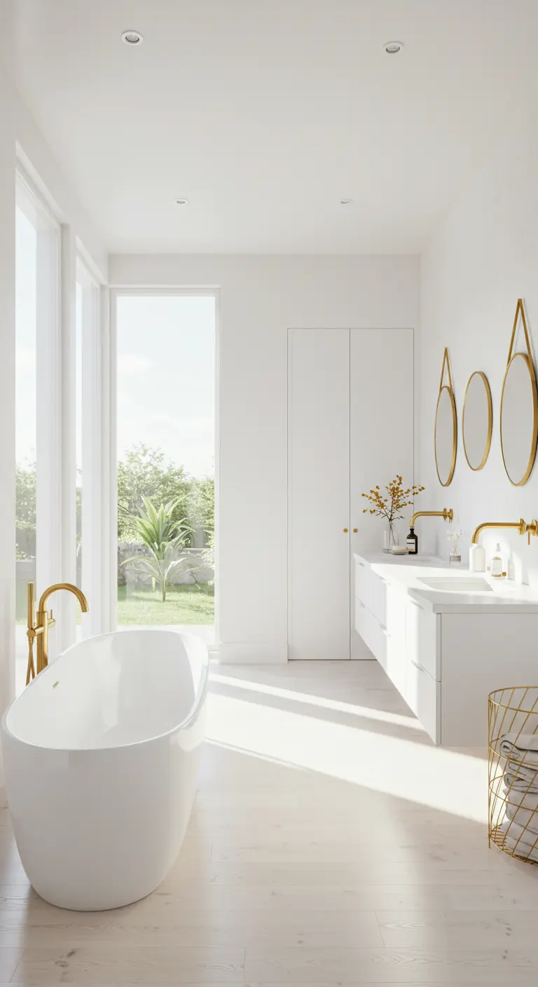 Witte badkamer met grote ramen, gouden kranen, ronde spiegels en gouden wasmand.