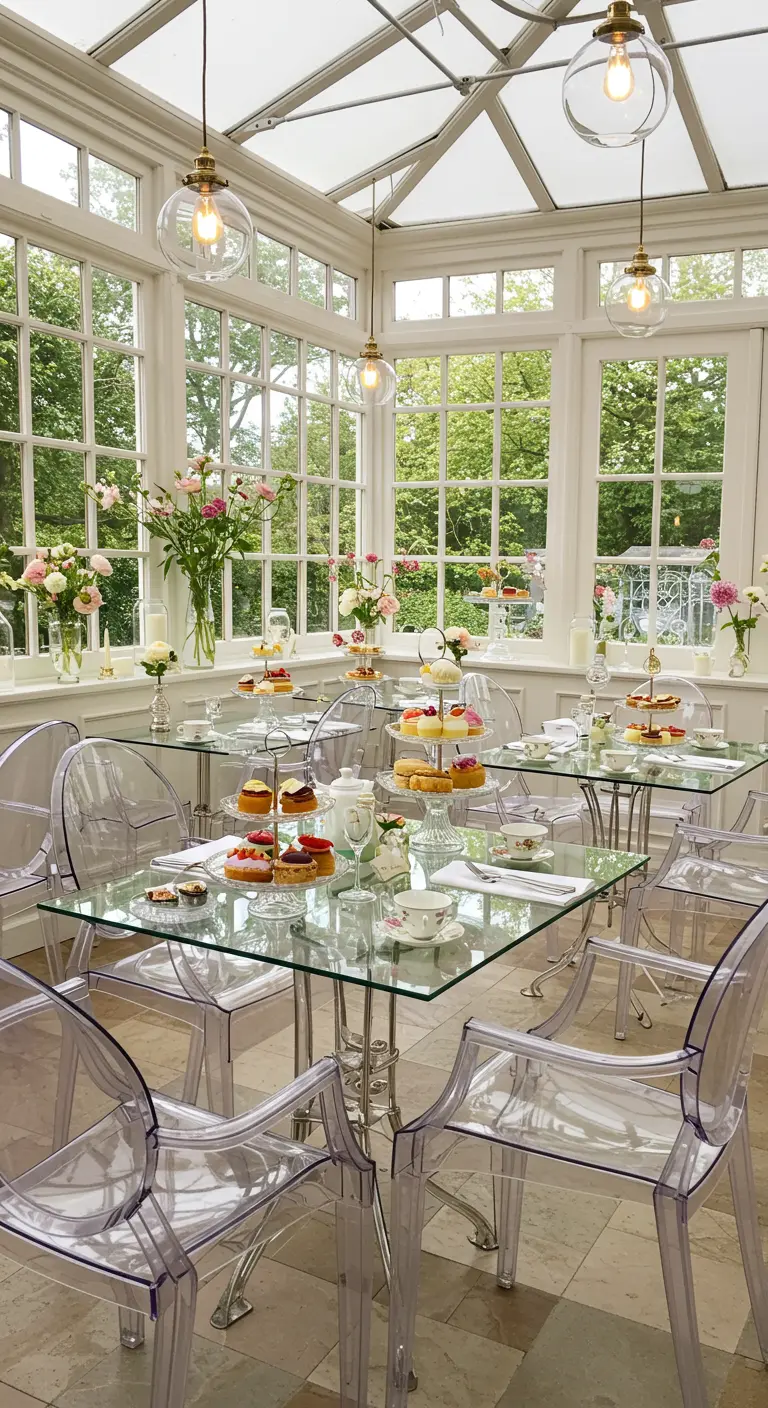 High tea opstelling in een lichte serre met glazen tafels, plexiglas stoelen en etagères vol lekkers.