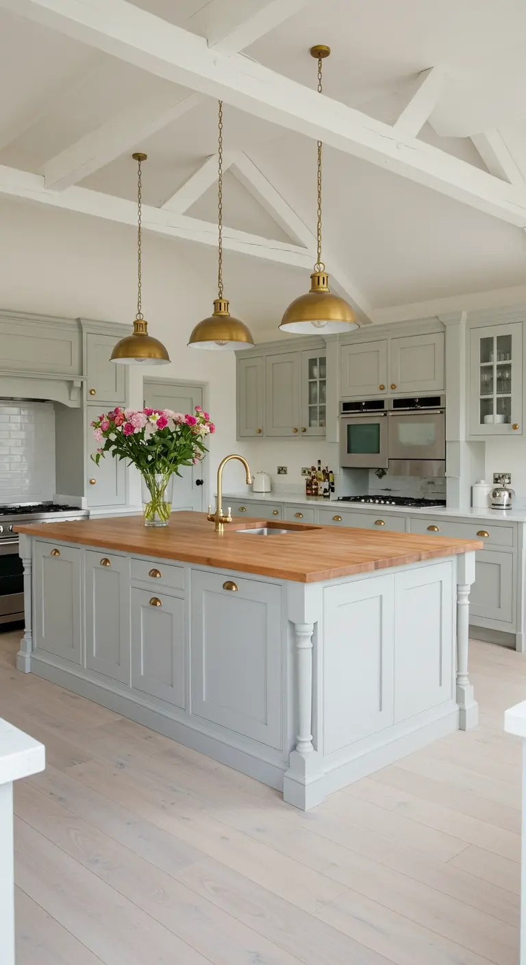 Lichte keuken met lichtgrijze kasten, houten eilandblad, gouden kraan en gouden pendellampen.