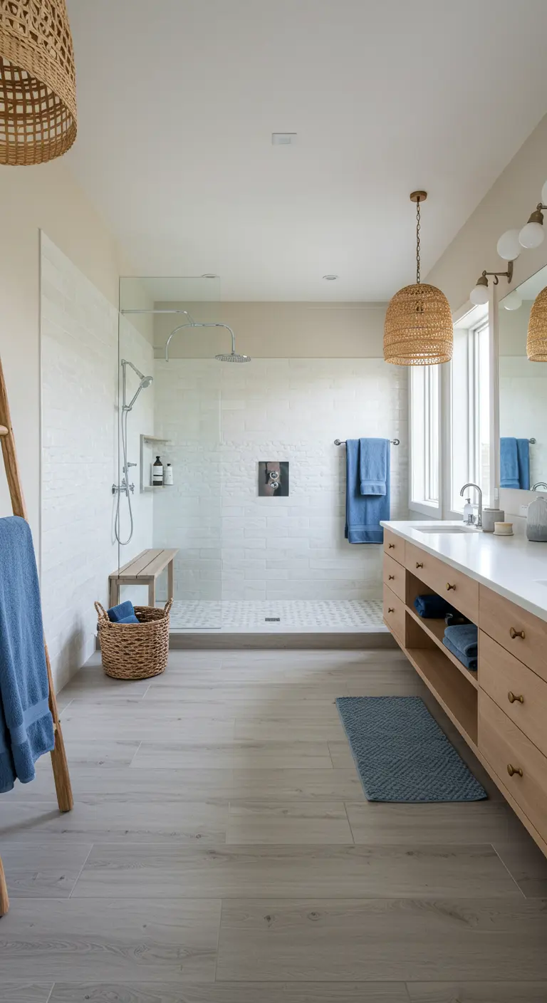 Lichte badkamer met houten meubel, rieten lampen en blauwe handdoeken als accent.