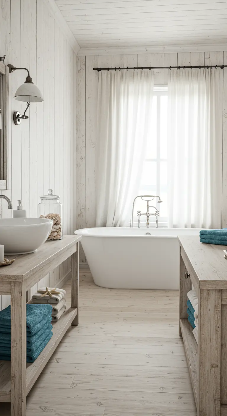 Lichte badkamer in kuststijl met witgekalkt hout en verweerde houten meubels.
