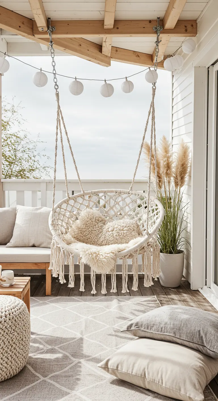 Witte macramé hangstoel op veranda met schapenvacht, pampasgras en lichte kleuren.