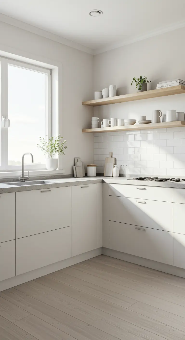 Lichte keuken zonder bovenkasten, met twee houten wandplanken en wit servies.