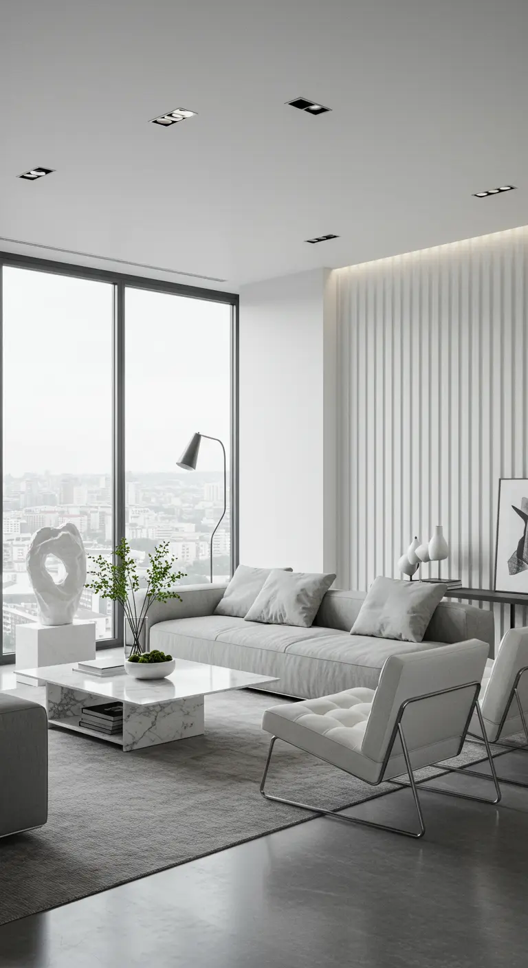 Strakke witte en grijze woonkamer met modulaire bank, geribbelde wand en sculpturale kunst.