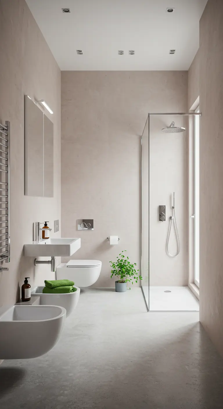 Lichte, minimalistische badkamer met kalkverf muren en inloopdouche.