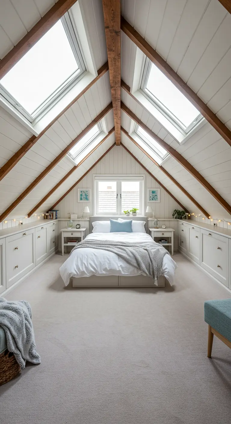 Witte zolderkamer met bed onder de nok, veel dakramen en ingebouwde kasten.