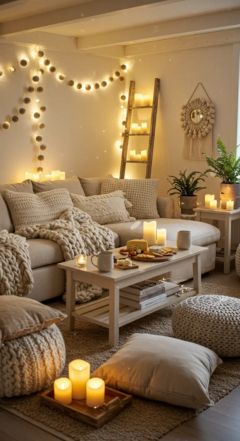 Lichte woonkamer met beige bank, lichtslingers, veel kaarsen en gebreide kussens.