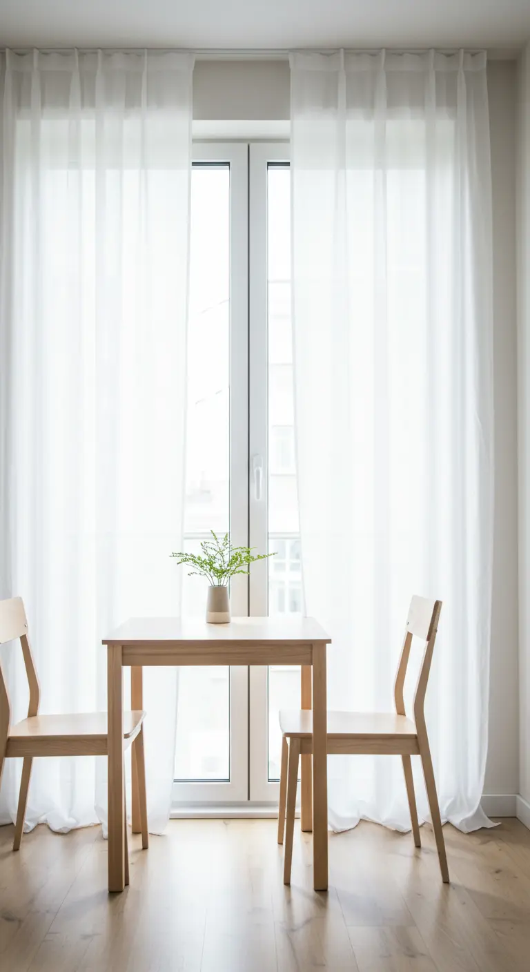 Kleine eettafel met twee stoelen voor raam met witte doorschijnende gordijnen.