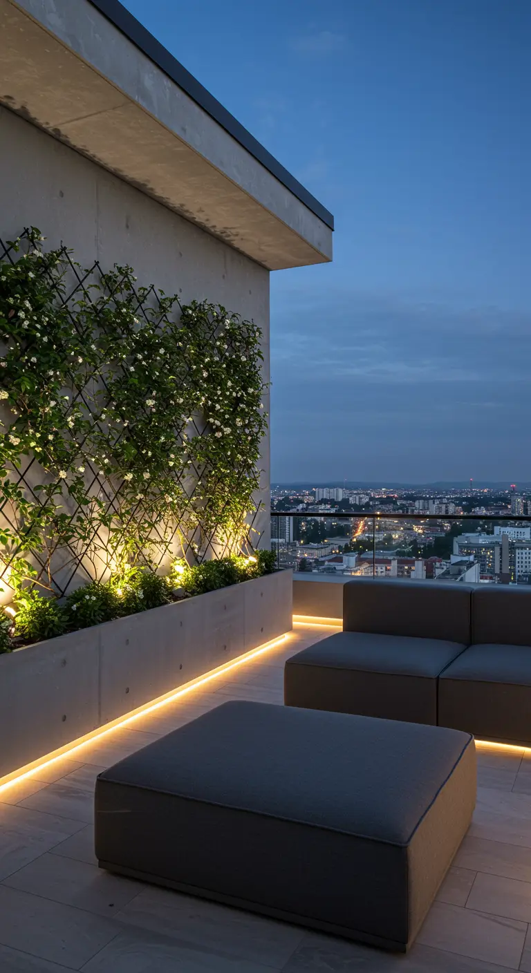 Modern dakterras met klimplanten tegen een trellis, sfeervol verlicht met LED-strips.