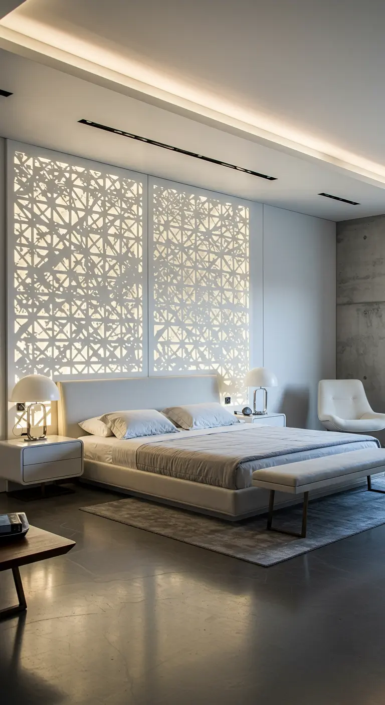 Moderne slaapkamer met verlicht hoofdbord van lasergesneden panelen met abstract patroon.