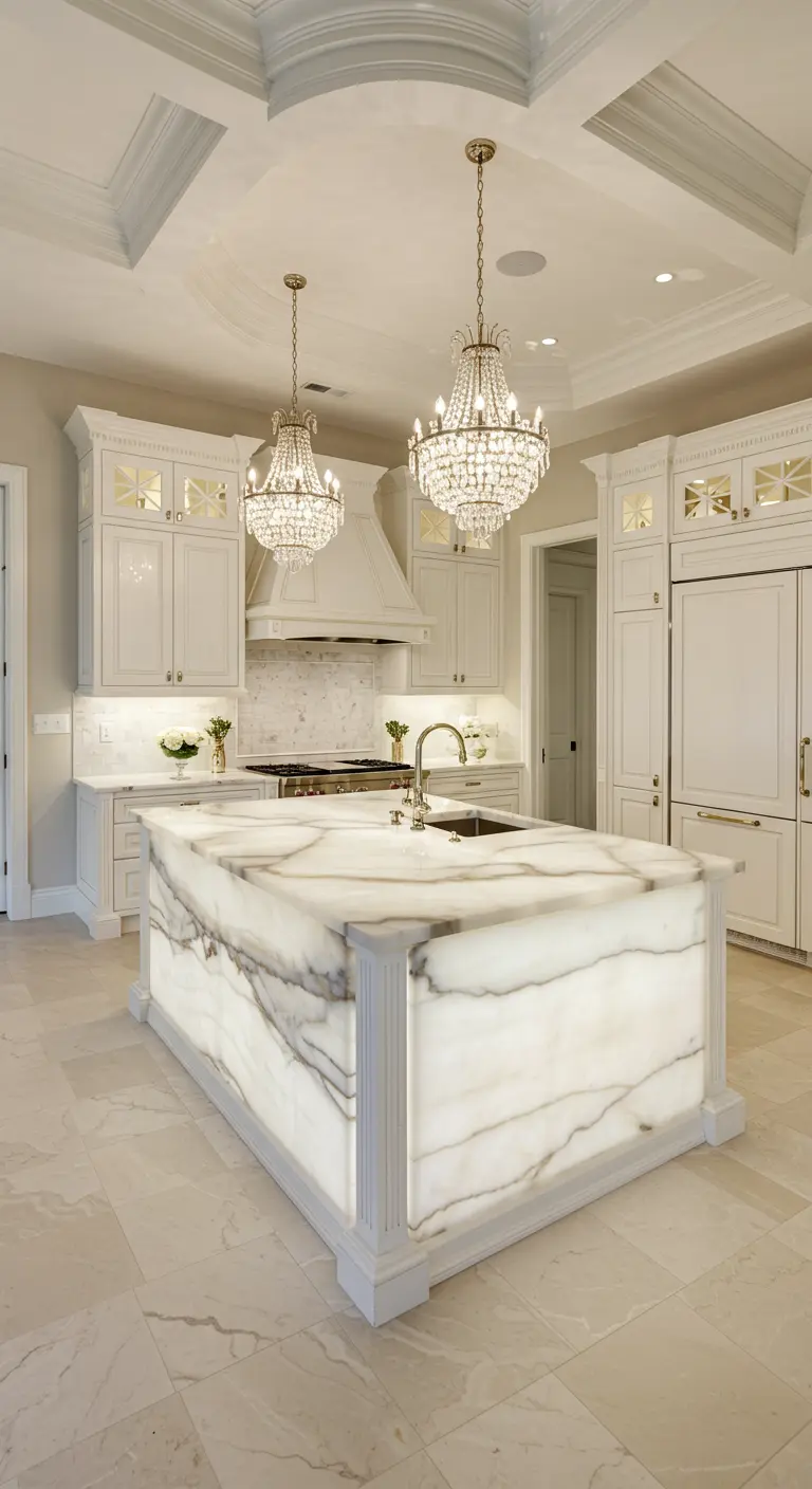 Klassieke witte keuken met groot, verlicht onyx kookeiland en kristallen kroonluchters.