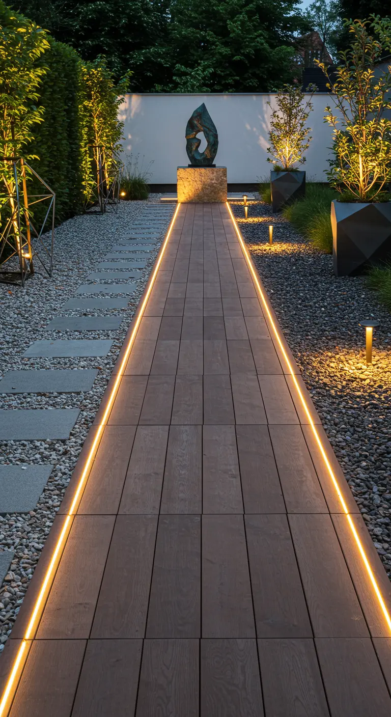 Modern tuinpad van houten planken en grijze stapstenen met lineaire verlichting.