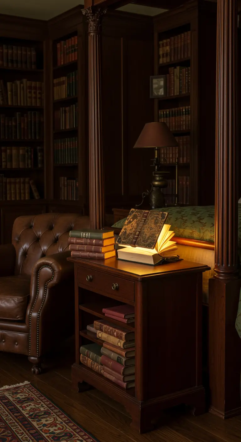 Opengeklapte boeklamp die licht geeft op een donkerhouten nachtkastje vol boeken, in een klassieke bibliotheeksfeer.
