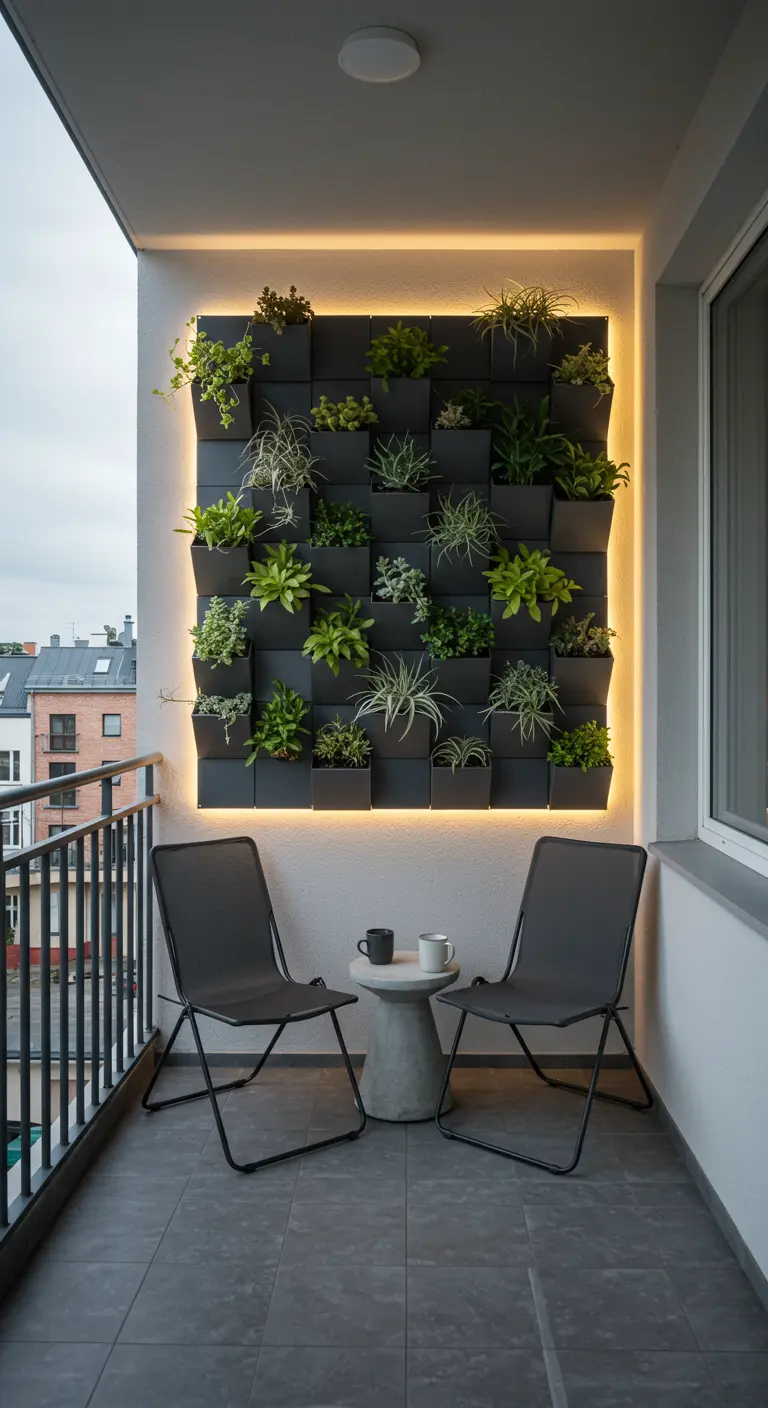 Modern balkon met een strakke, modulaire plantenmuur met warme, geïntegreerde LED-verlichting.