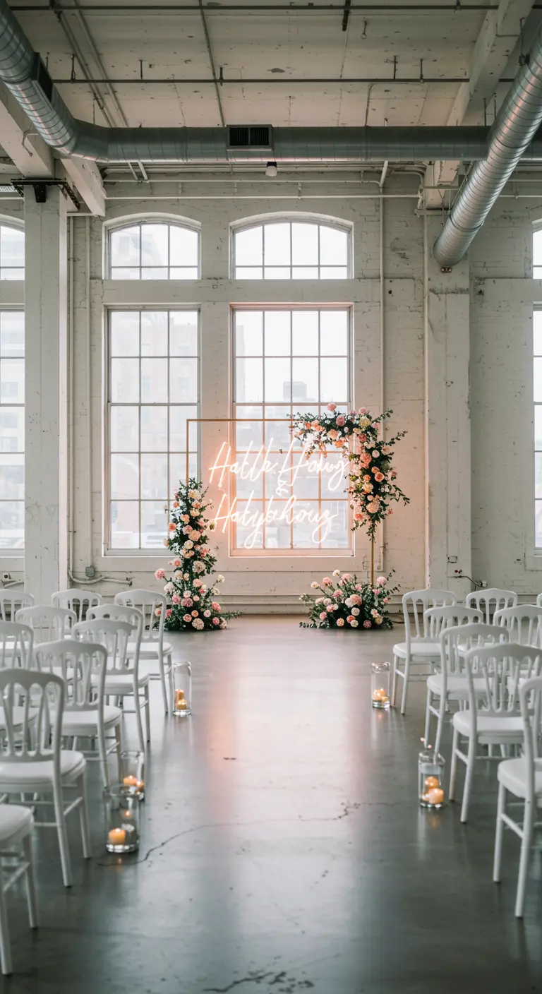 Ceremonie-opstelling in industriële ruimte met neon sign en bloemdecoraties.