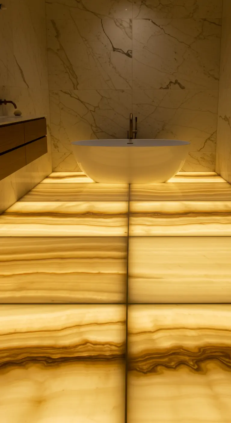 Badkamer met een vloer van van onderaf verlichte onyx platen.