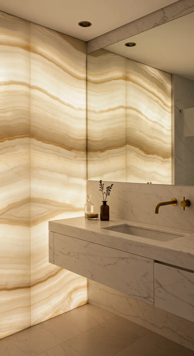 Badkamer met backlit onyx marmeren wandpanelen die een warme gloed afgeven, en messing kranen.