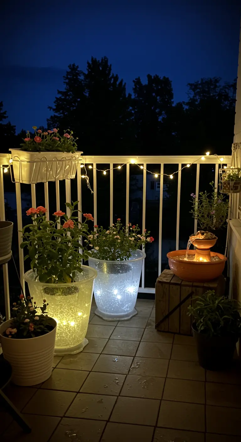 Balkon 's avonds met verlichte plantenpotten en een kleine fontein.
